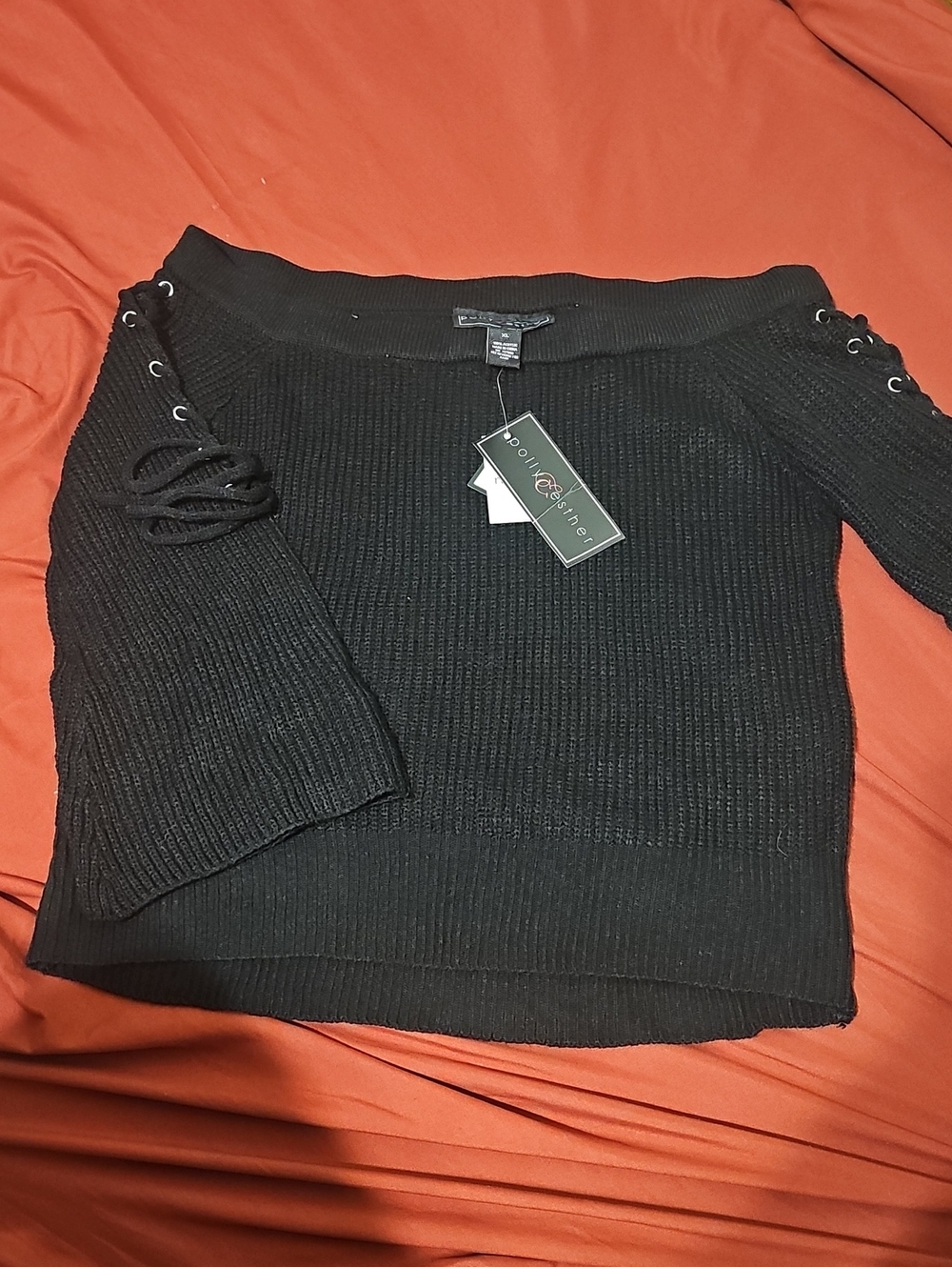 Worthington Black Off-Shoulder Lace-Up Sleeve Sweater